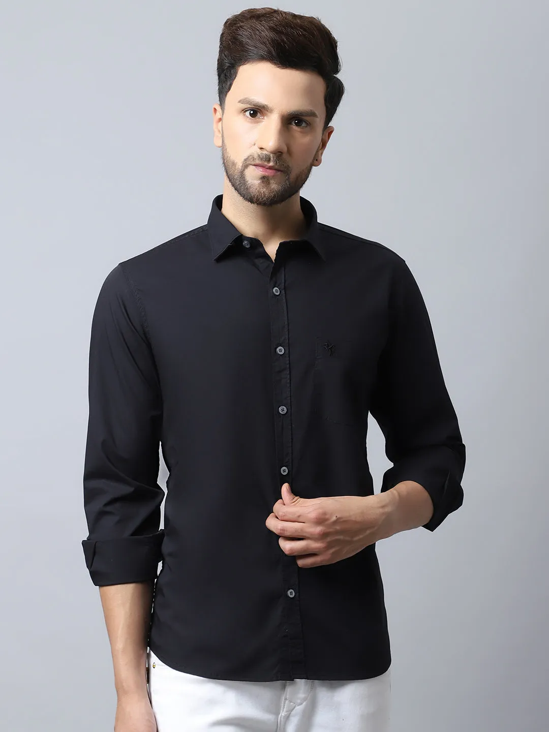 Cantabil Cotton Blend Solid Black Full Sleeve Casual Shirt for Men with Pocket