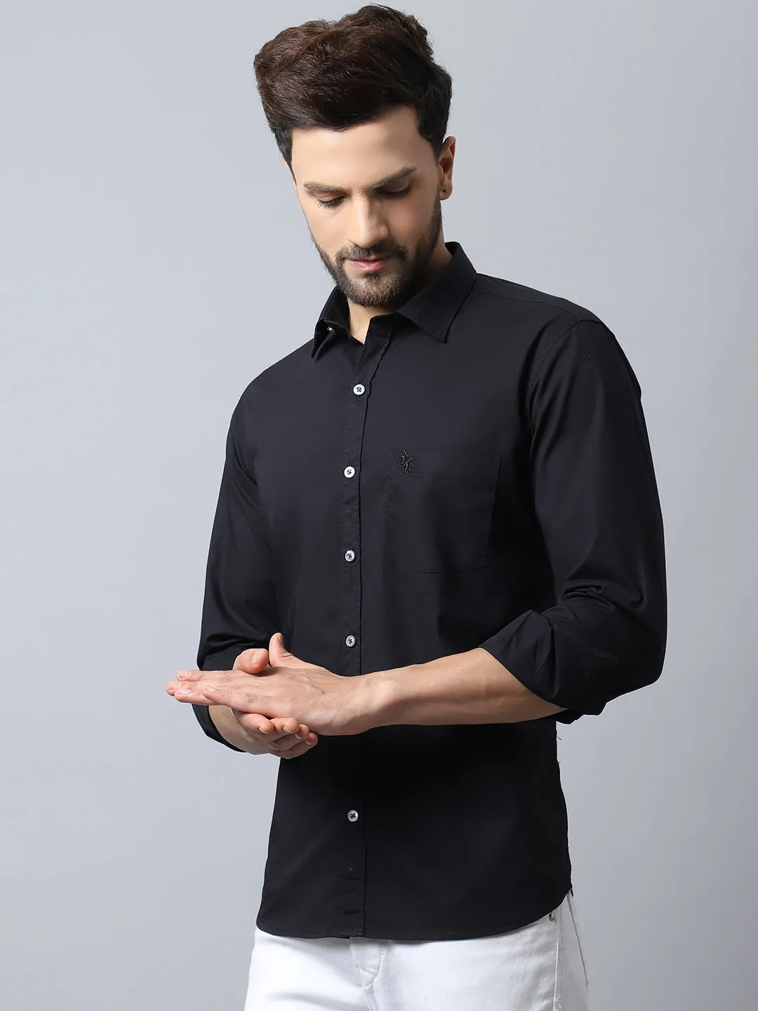 Cantabil Cotton Blend Solid Black Full Sleeve Casual Shirt for Men with Pocket