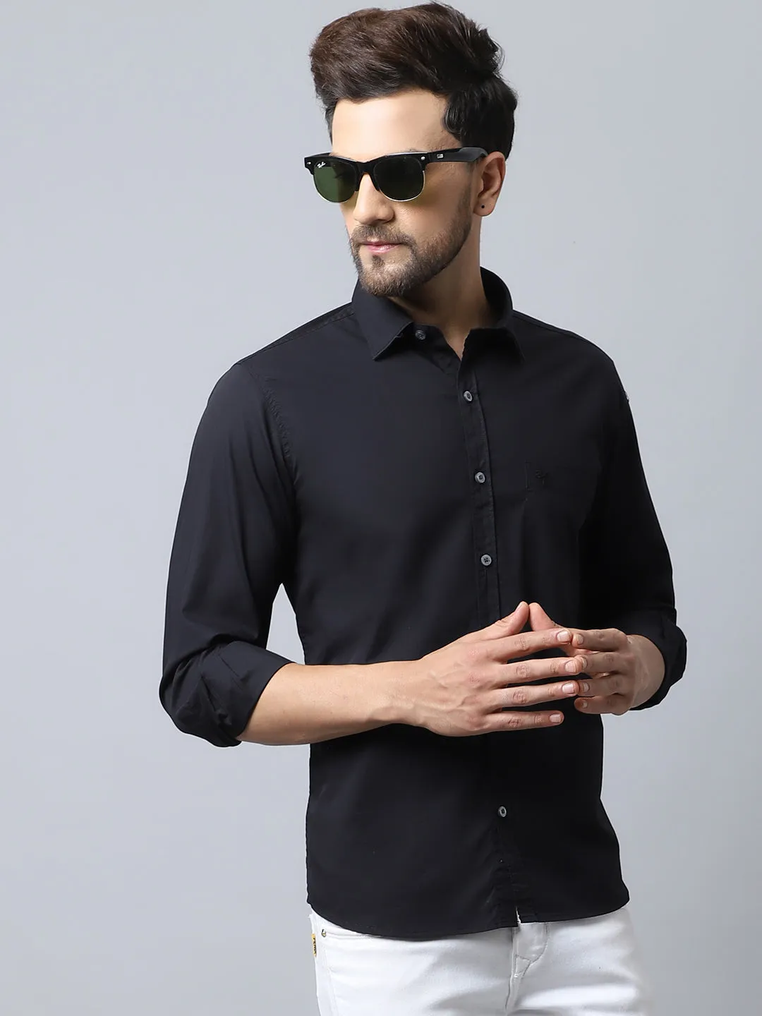 Cantabil Cotton Blend Solid Black Full Sleeve Casual Shirt for Men with Pocket