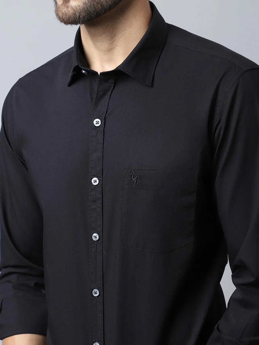 Cantabil Cotton Blend Solid Black Full Sleeve Casual Shirt for Men with Pocket