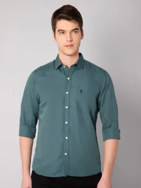 Cantabil Cotton Blend Solid Green Full Sleeve Casual Shirt for Men with Pocket