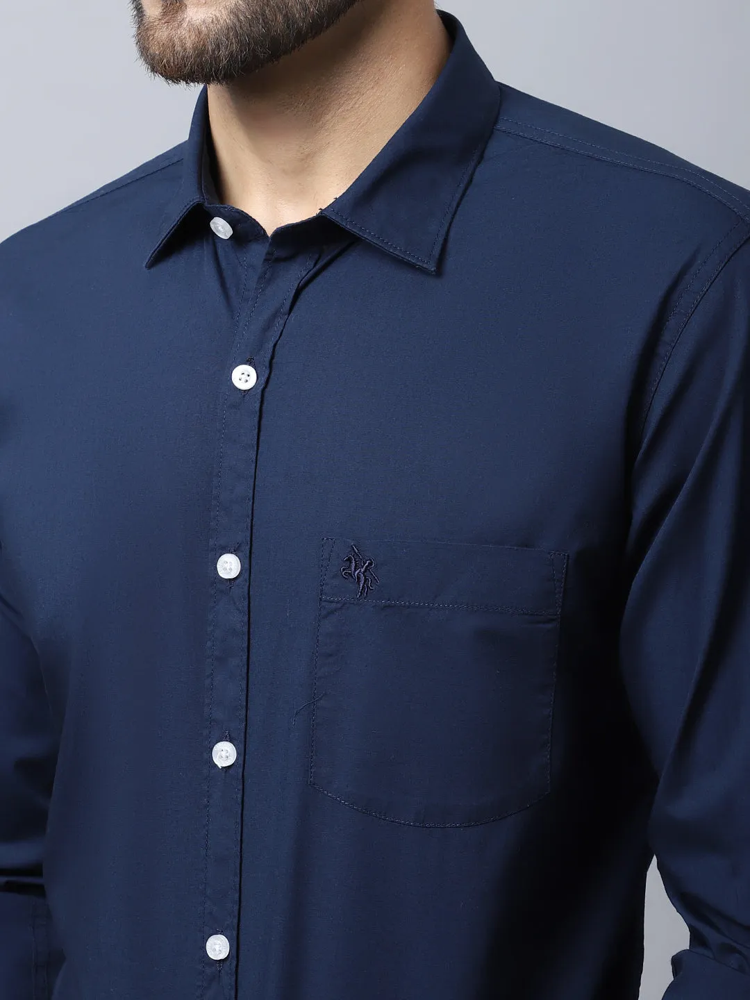 Cantabil Cotton Blend Solid Navy Blue Full Sleeve Casual Shirt for Men with Pocket