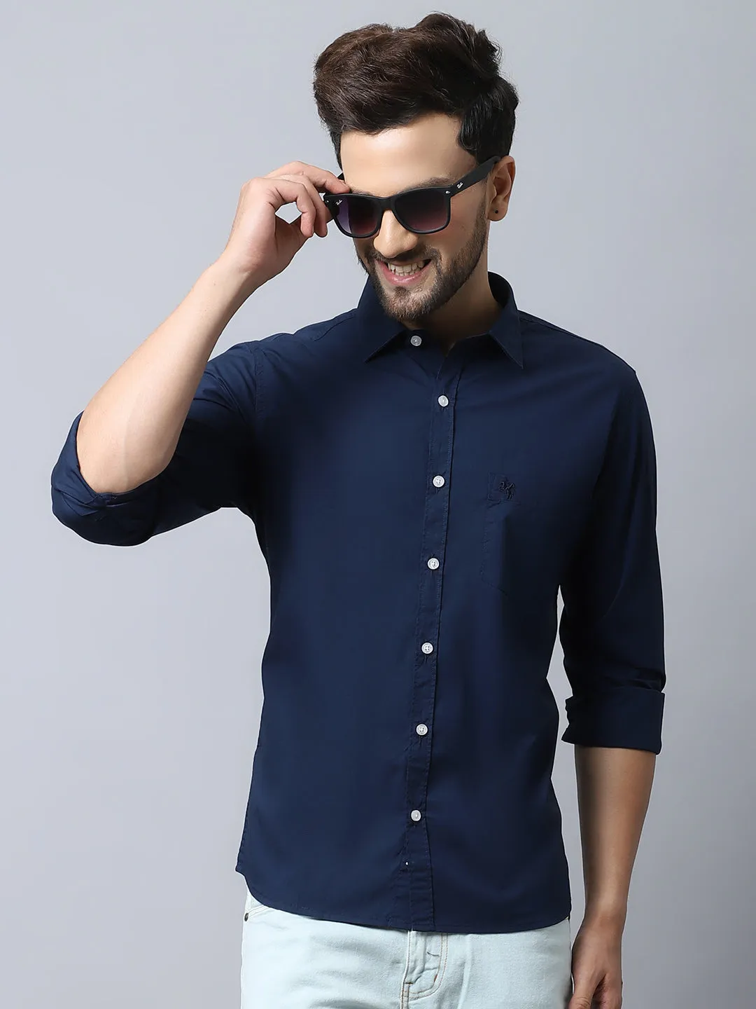 Cantabil Cotton Blend Solid Navy Blue Full Sleeve Casual Shirt for Men with Pocket