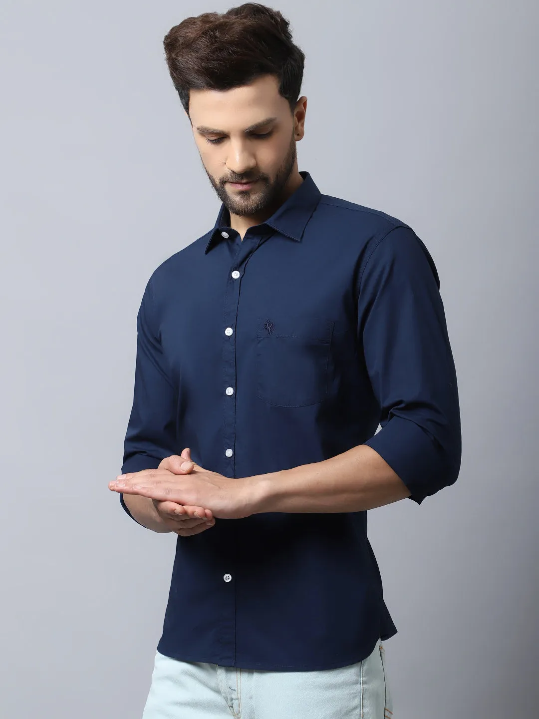 Cantabil Cotton Blend Solid Navy Blue Full Sleeve Casual Shirt for Men with Pocket