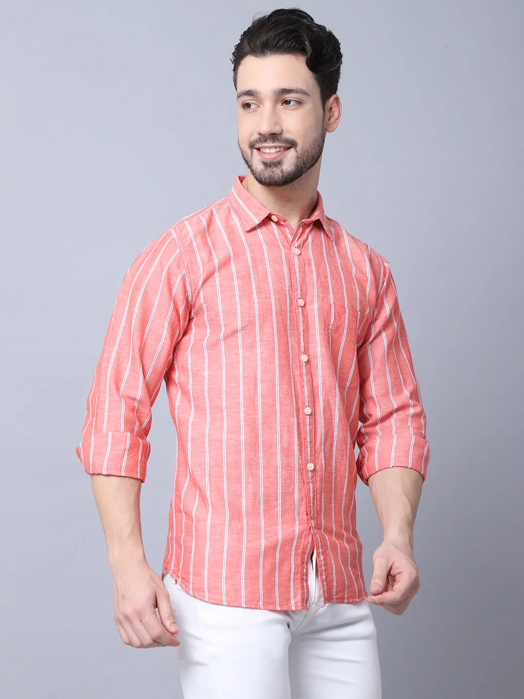 Cantabil Cotton Blend Striped Red Full Sleeve Casual Shirt for Men with Pocket