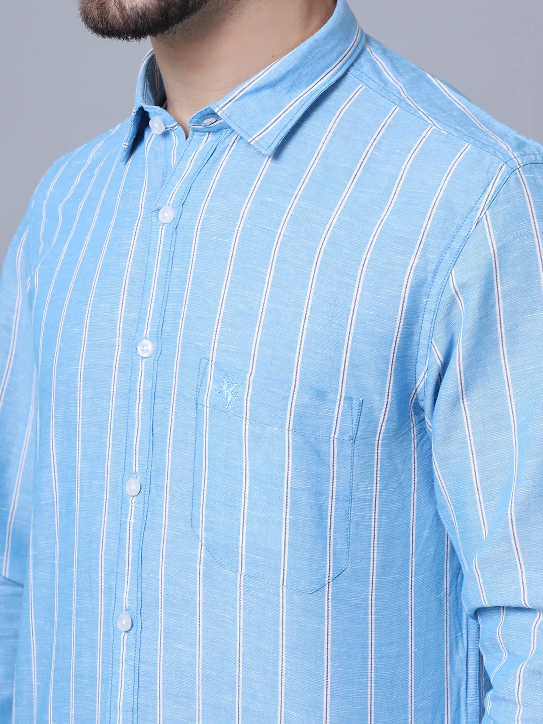 Cantabil Cotton Blend Striped Sky Blue Full Sleeve Casual Shirt for Men with Pocket