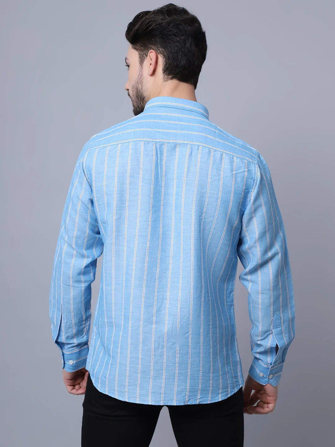 Cantabil Cotton Blend Striped Sky Blue Full Sleeve Casual Shirt for Men with Pocket