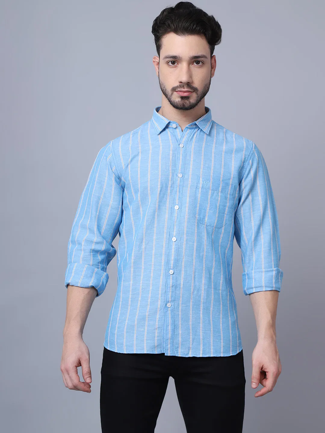 Cantabil Cotton Blend Striped Sky Blue Full Sleeve Casual Shirt for Men with Pocket