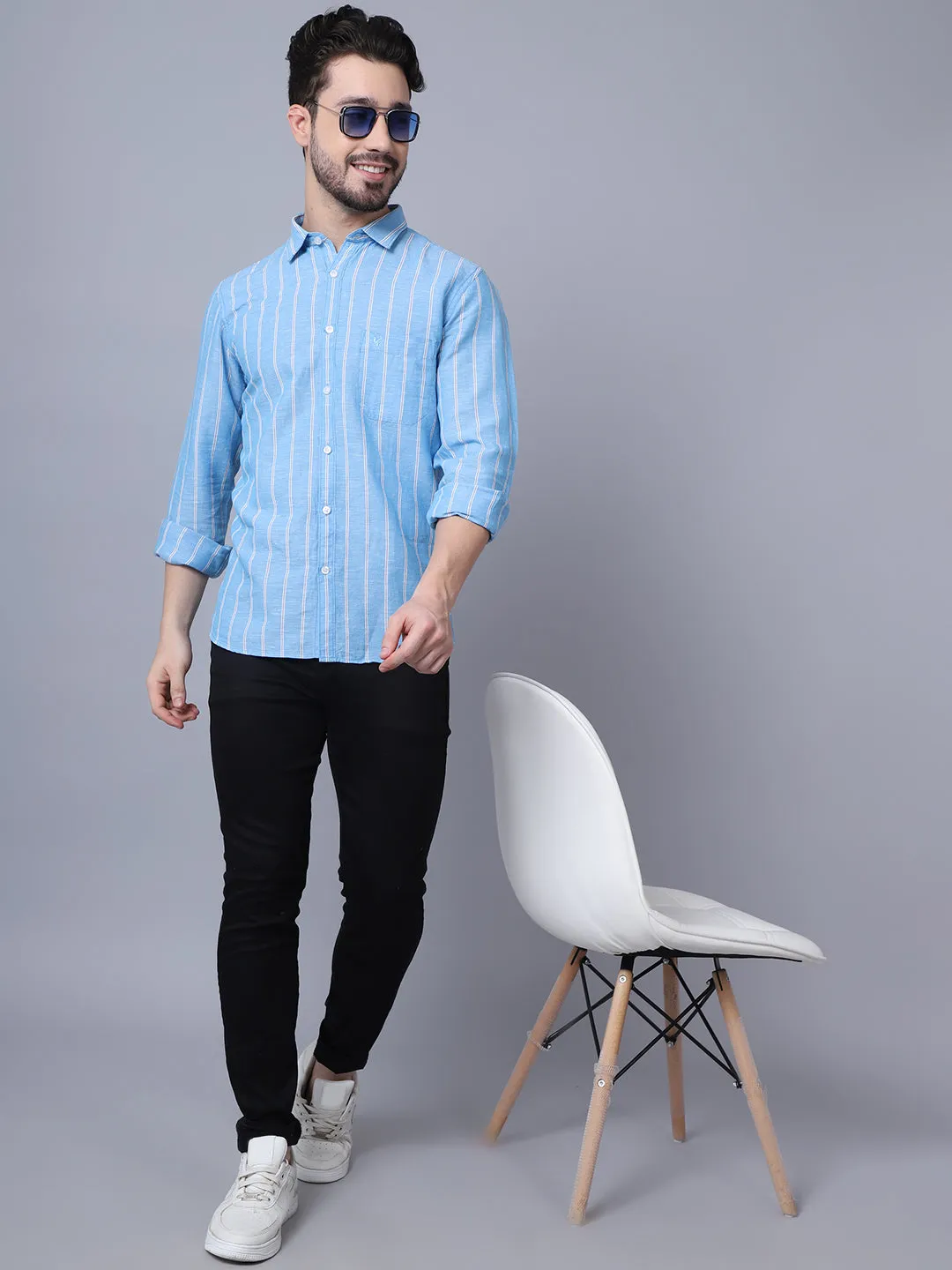 Cantabil Cotton Blend Striped Sky Blue Full Sleeve Casual Shirt for Men with Pocket