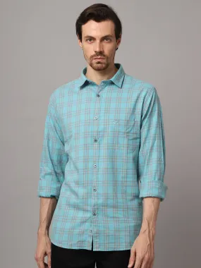 Cantabil Cotton Checkered Blue Full Sleeve Casual Shirt for Men with Pocket