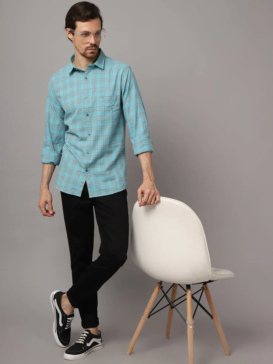 Cantabil Cotton Checkered Blue Full Sleeve Casual Shirt for Men with Pocket