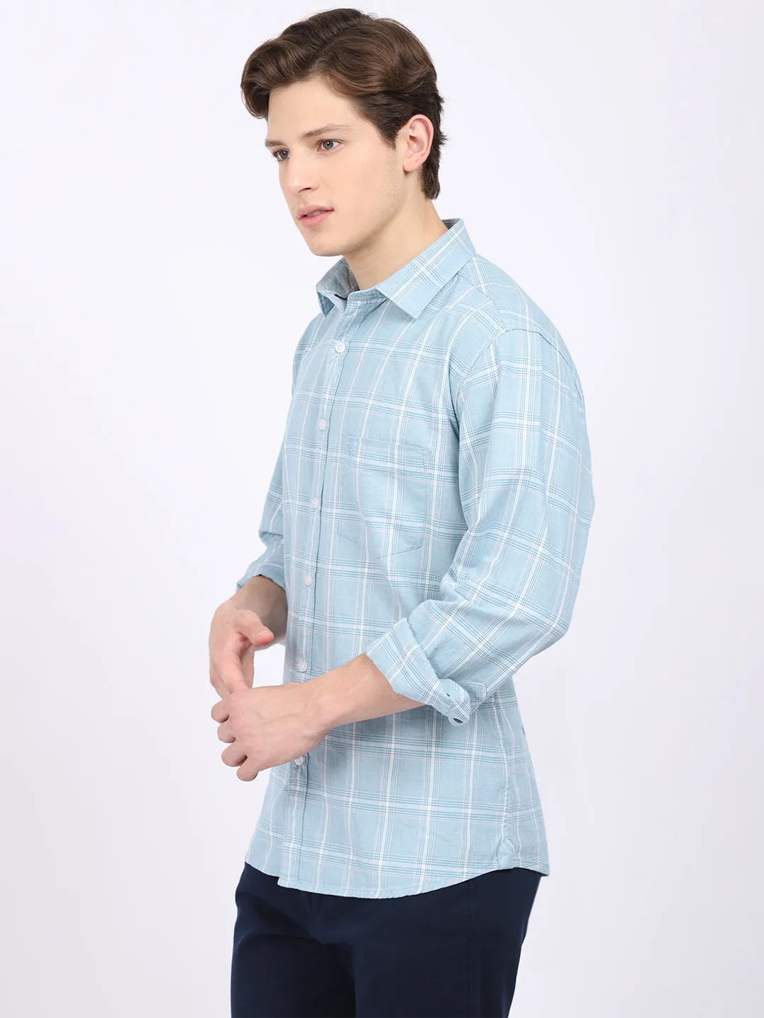 Cantabil Cotton Checkered Blue Full Sleeve Casual Shirt for Men with Pocket