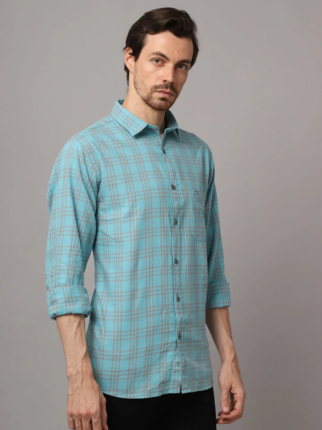 Cantabil Cotton Checkered Blue Full Sleeve Casual Shirt for Men with Pocket