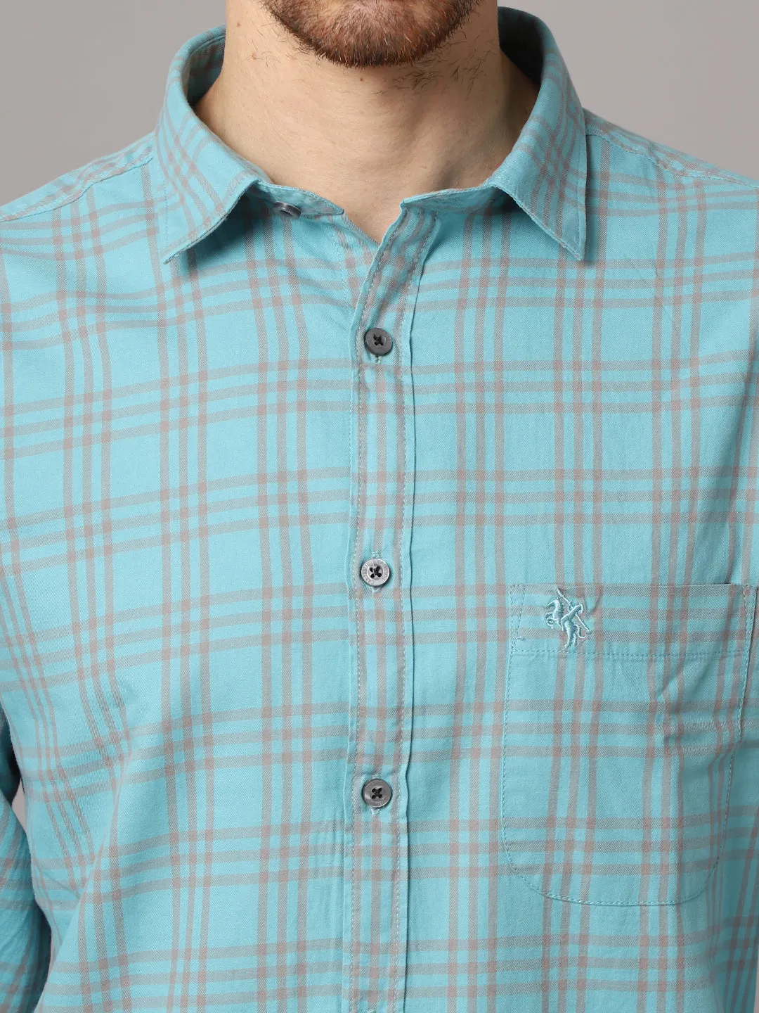 Cantabil Cotton Checkered Blue Full Sleeve Casual Shirt for Men with Pocket