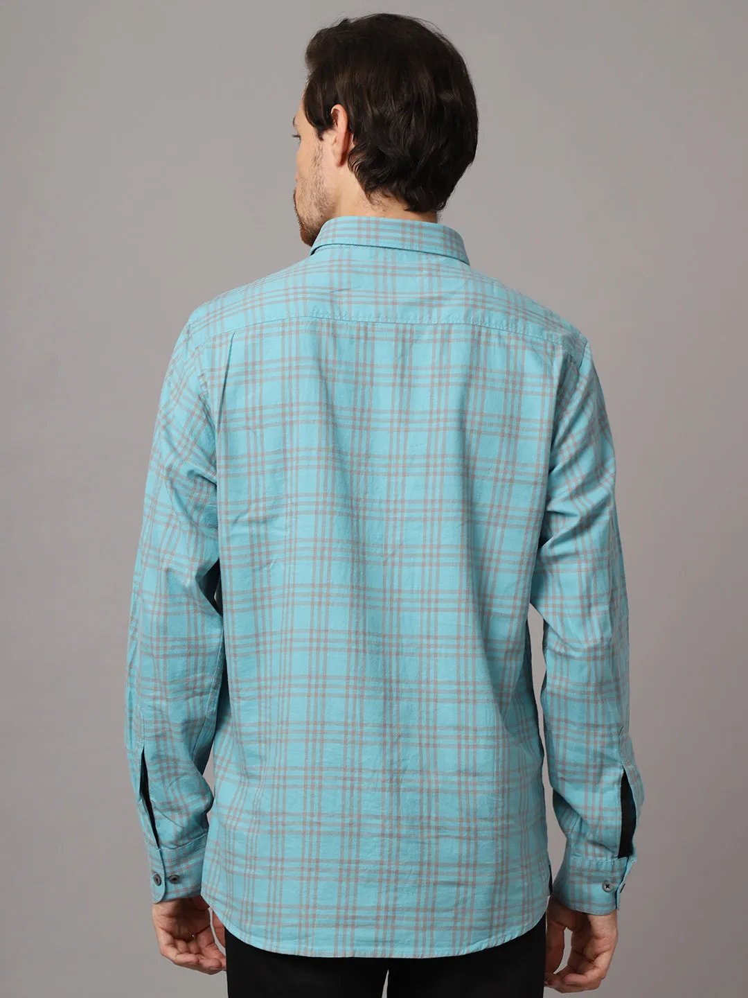 Cantabil Cotton Checkered Blue Full Sleeve Casual Shirt for Men with Pocket