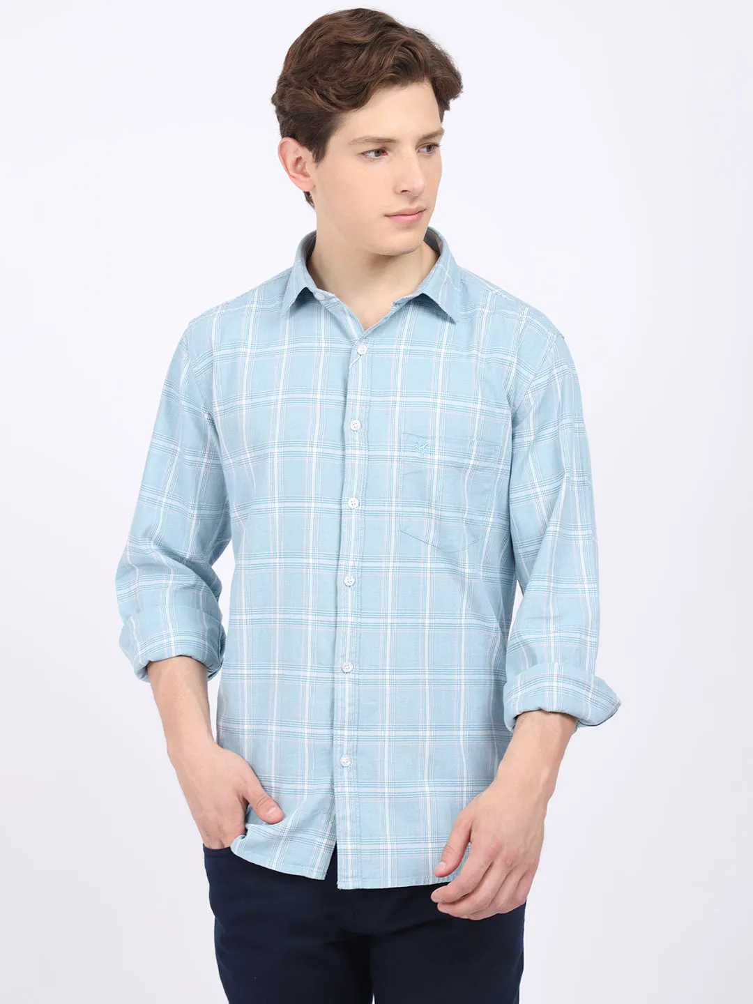 Cantabil Cotton Checkered Blue Full Sleeve Casual Shirt for Men with Pocket