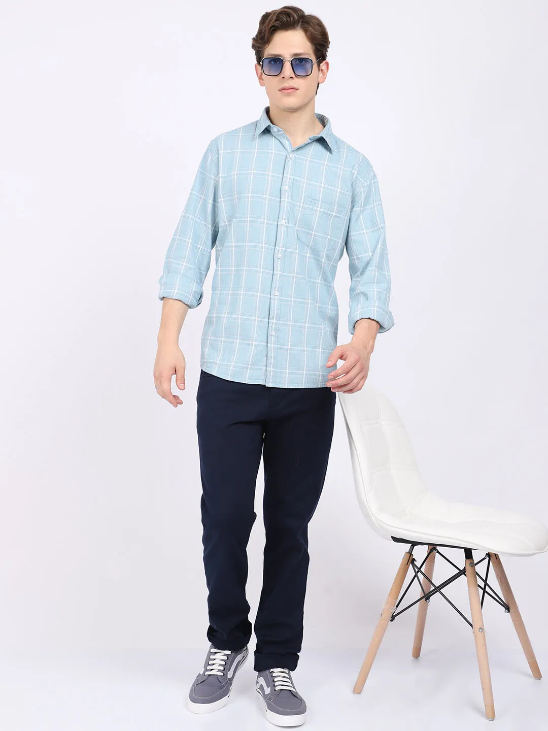 Cantabil Cotton Checkered Blue Full Sleeve Casual Shirt for Men with Pocket