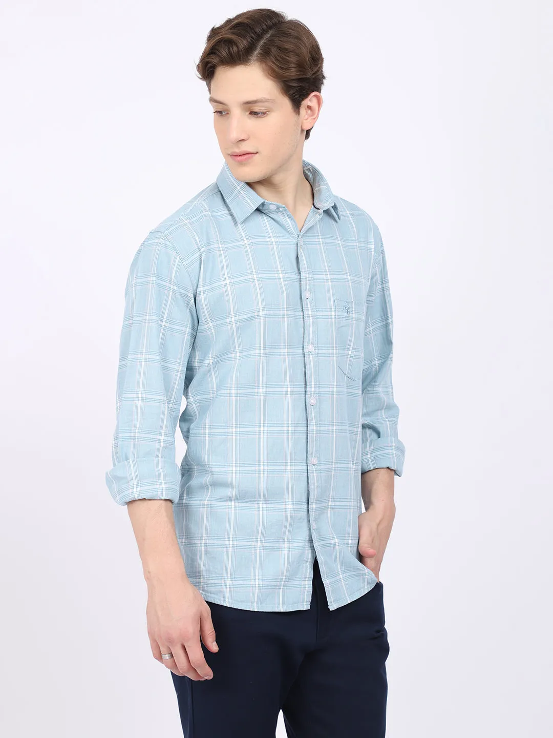 Cantabil Cotton Checkered Blue Full Sleeve Casual Shirt for Men with Pocket