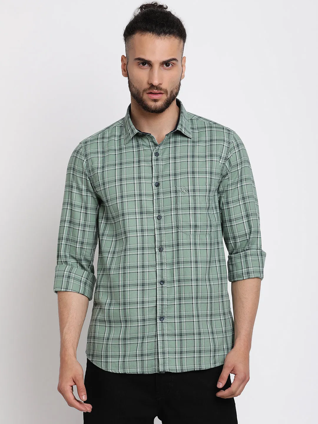 Cantabil Cotton Checkered Green Full Sleeve Casual Shirt for Men with Pocket