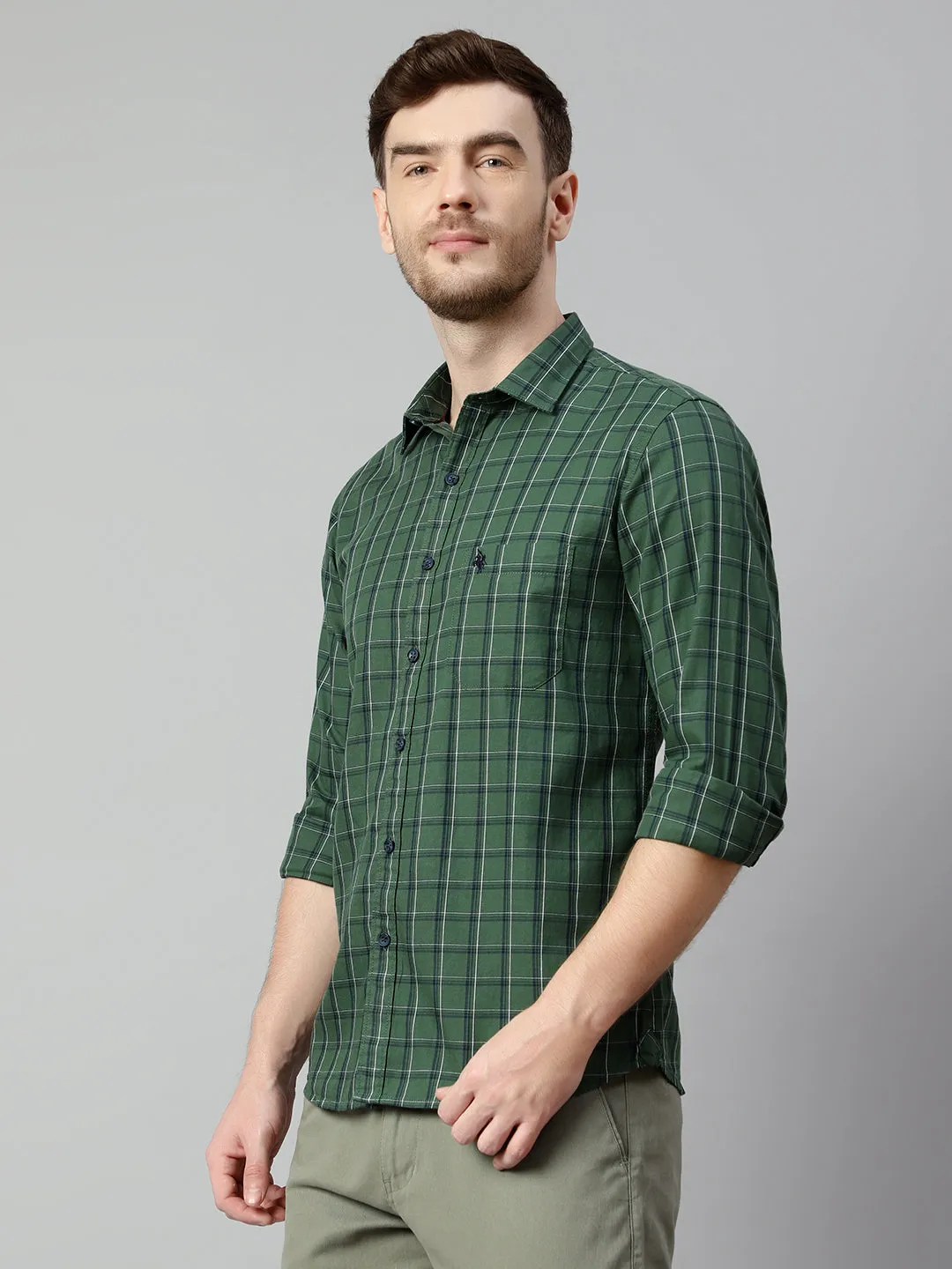 Cantabil Cotton Checkered Green Full Sleeve Casual Shirt for Men with Pocket