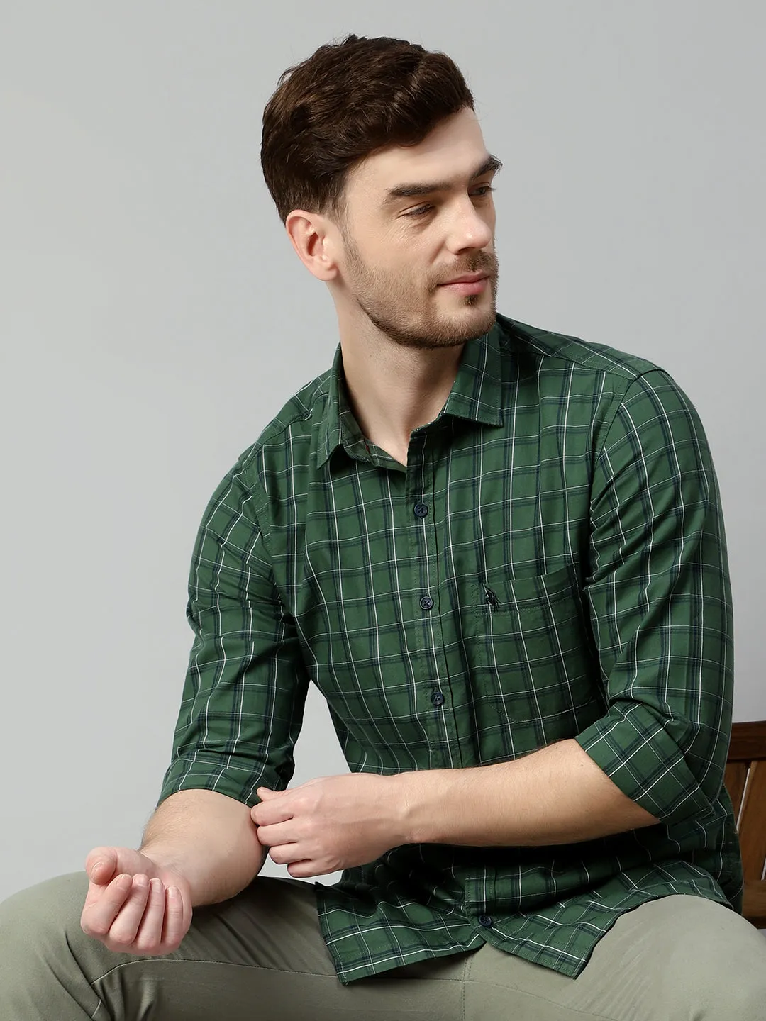 Cantabil Cotton Checkered Green Full Sleeve Casual Shirt for Men with Pocket