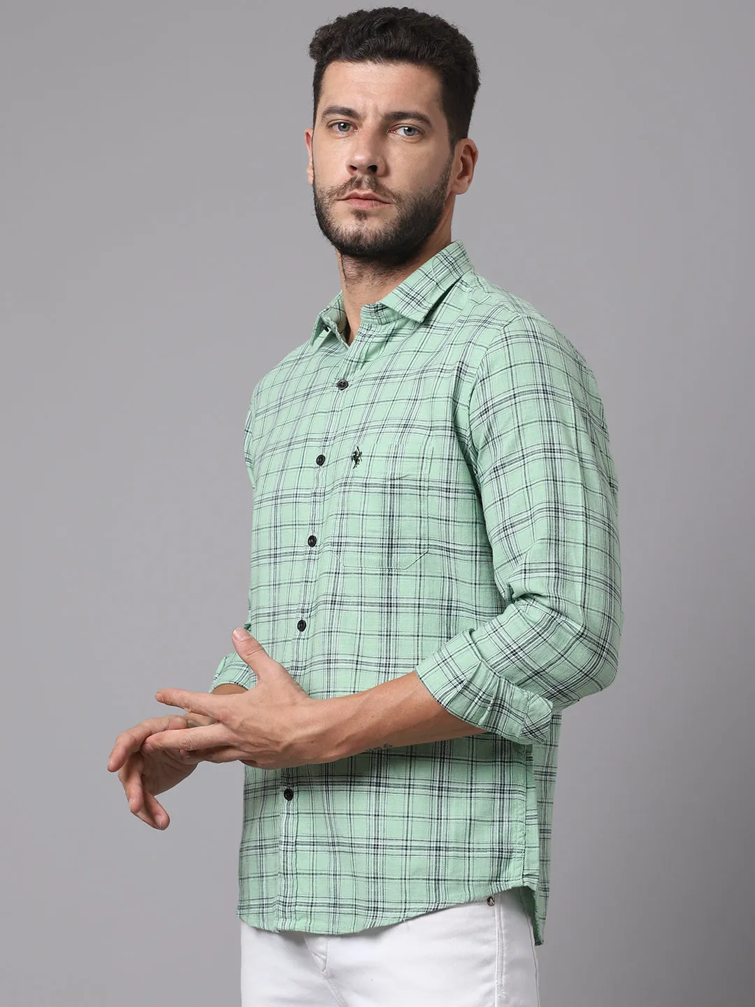 Cantabil Cotton Checkered Green Full Sleeve Casual Shirt for Men with Pocket