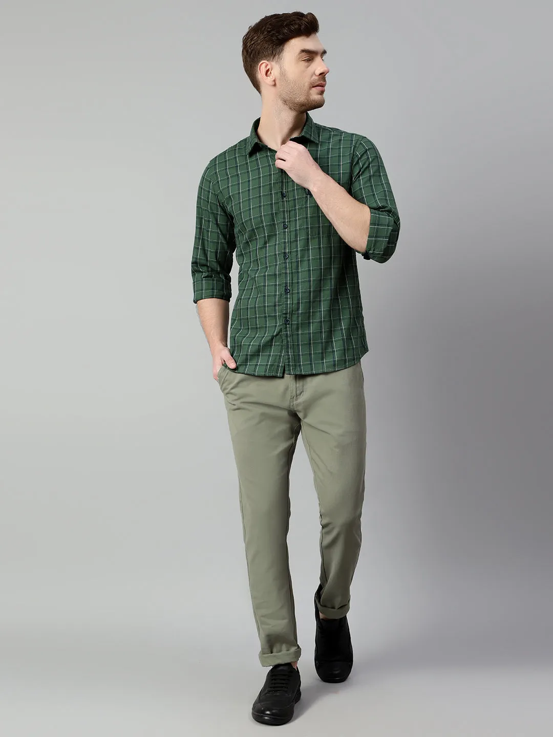 Cantabil Cotton Checkered Green Full Sleeve Casual Shirt for Men with Pocket