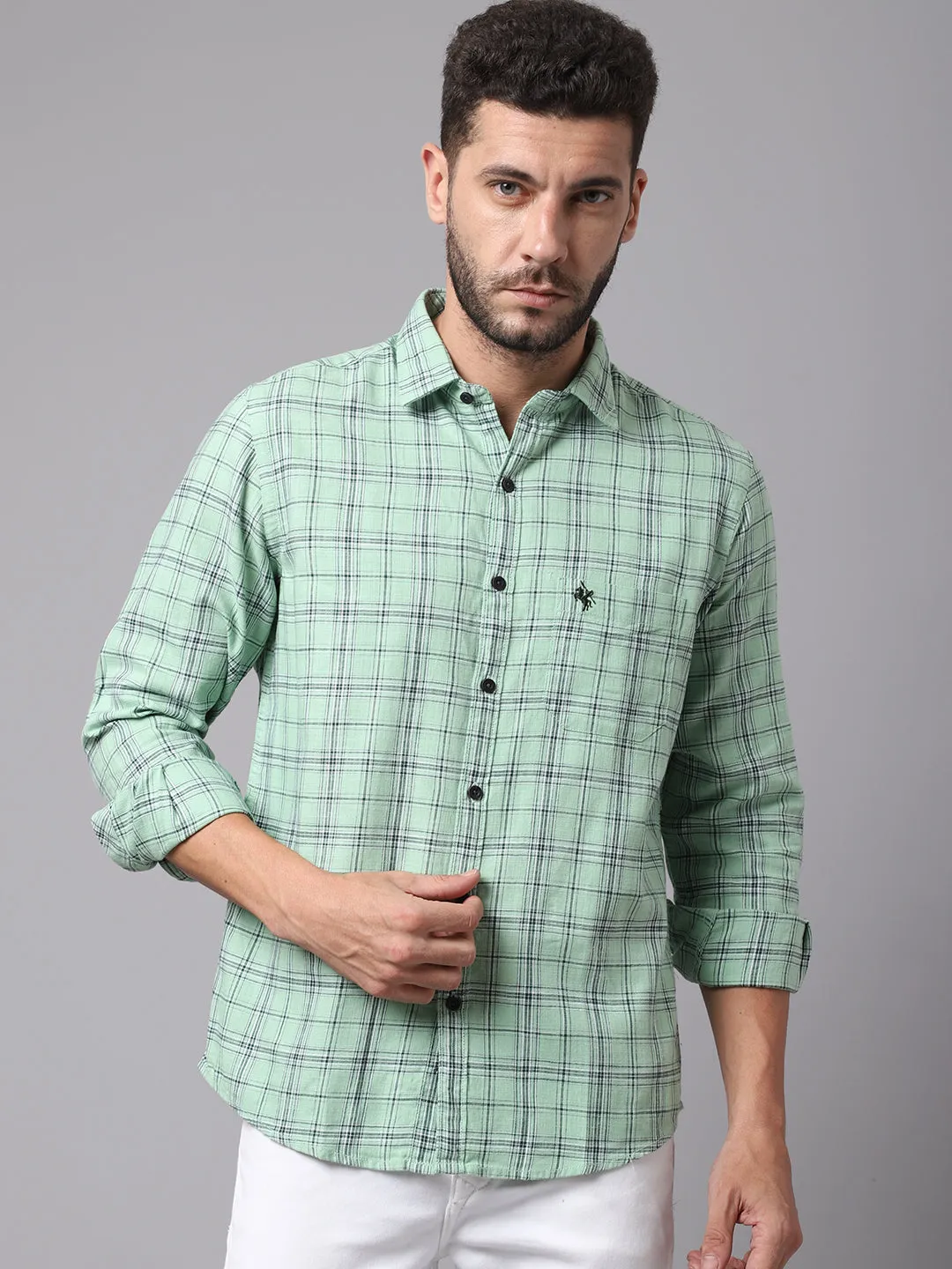 Cantabil Cotton Checkered Green Full Sleeve Casual Shirt for Men with Pocket