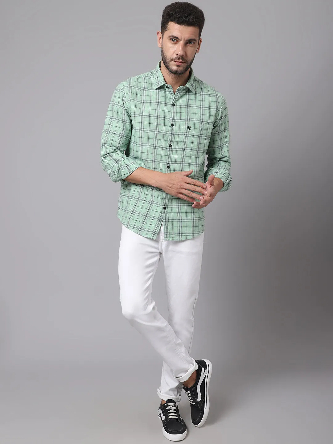 Cantabil Cotton Checkered Green Full Sleeve Casual Shirt for Men with Pocket