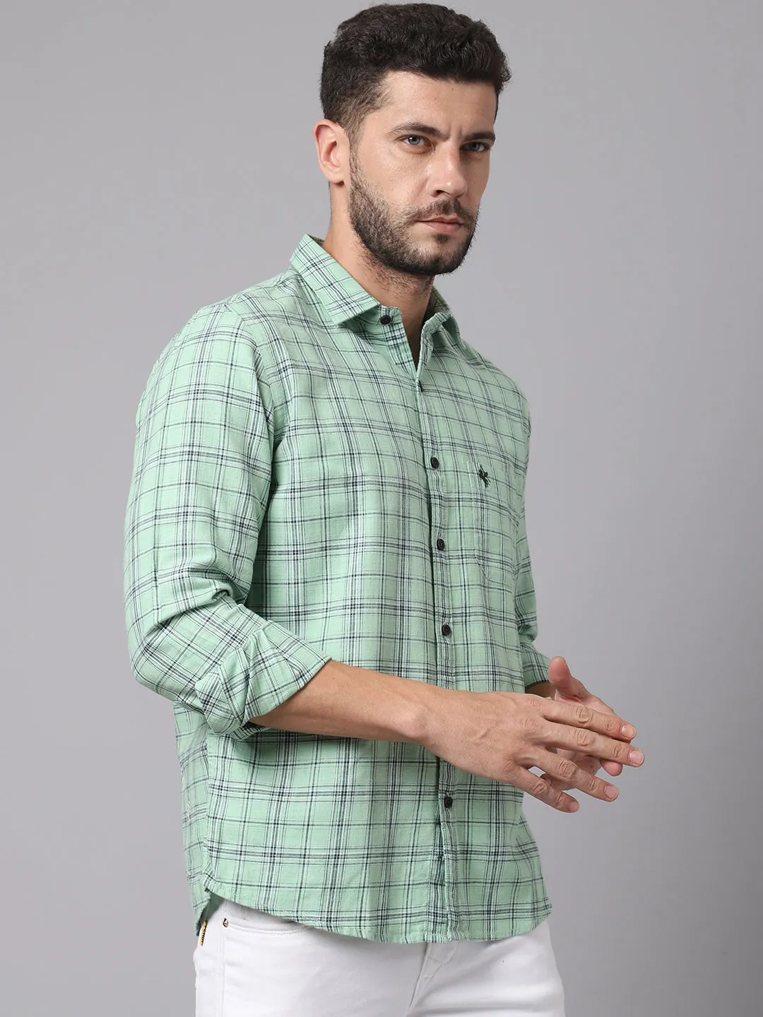 Cantabil Cotton Checkered Green Full Sleeve Casual Shirt for Men with Pocket