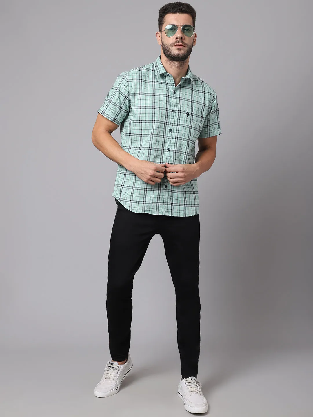 Cantabil Cotton Checkered Green Half Sleeve Casual Shirt for Men with Pocket