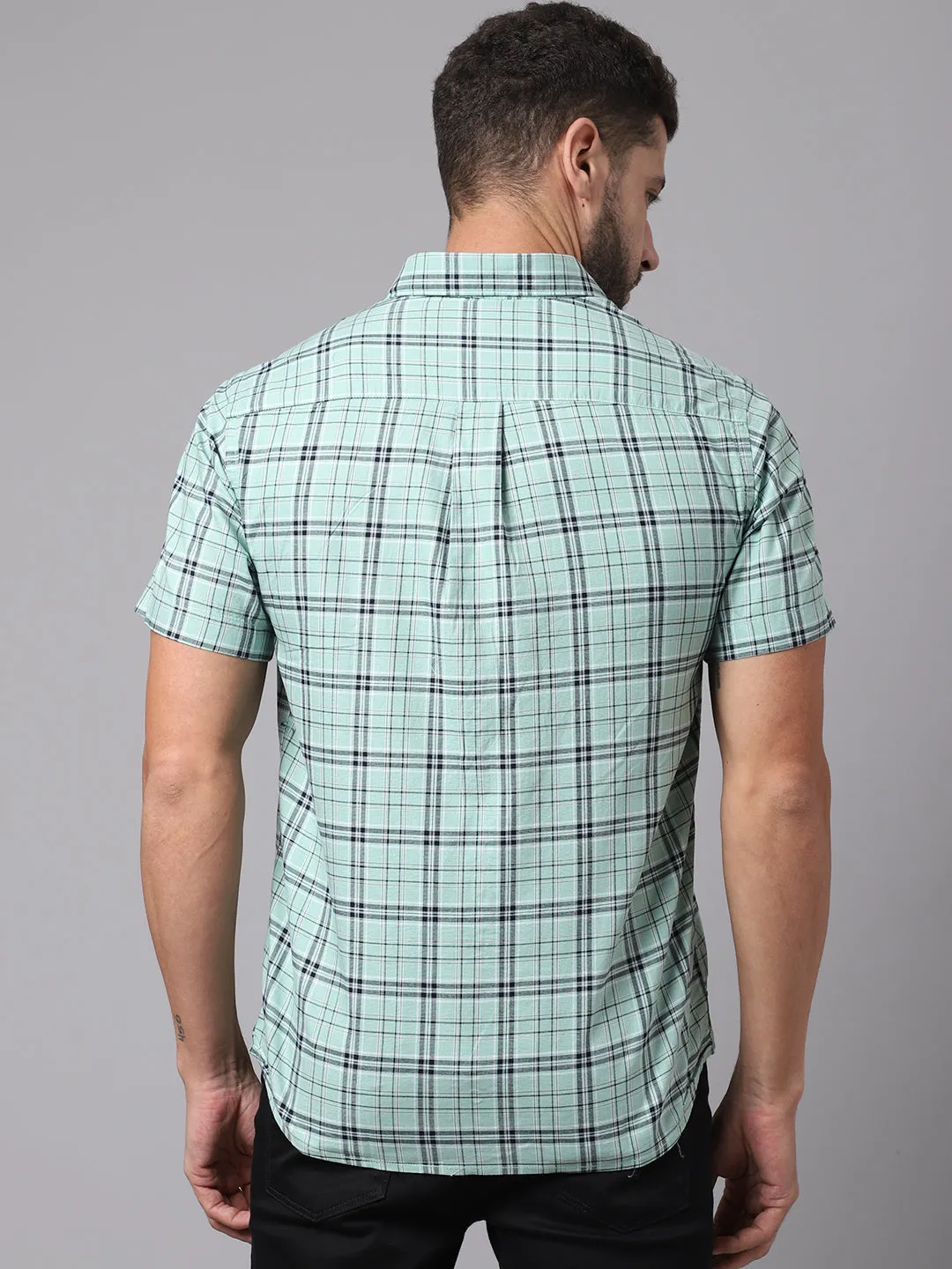 Cantabil Cotton Checkered Green Half Sleeve Casual Shirt for Men with Pocket