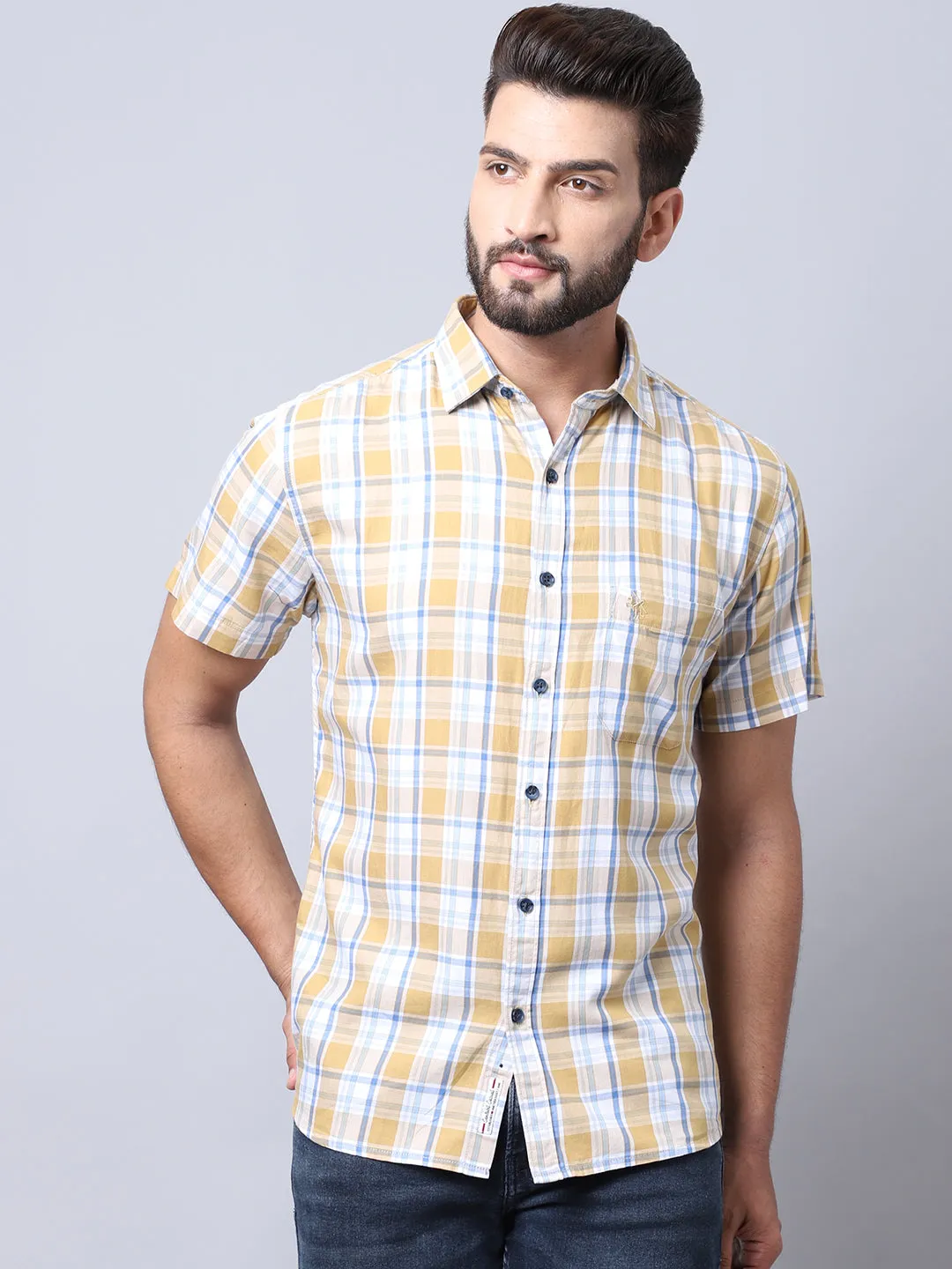 Cantabil Cotton Checkered Khaki Half Sleeve Casual Shirt for Men with Pocket