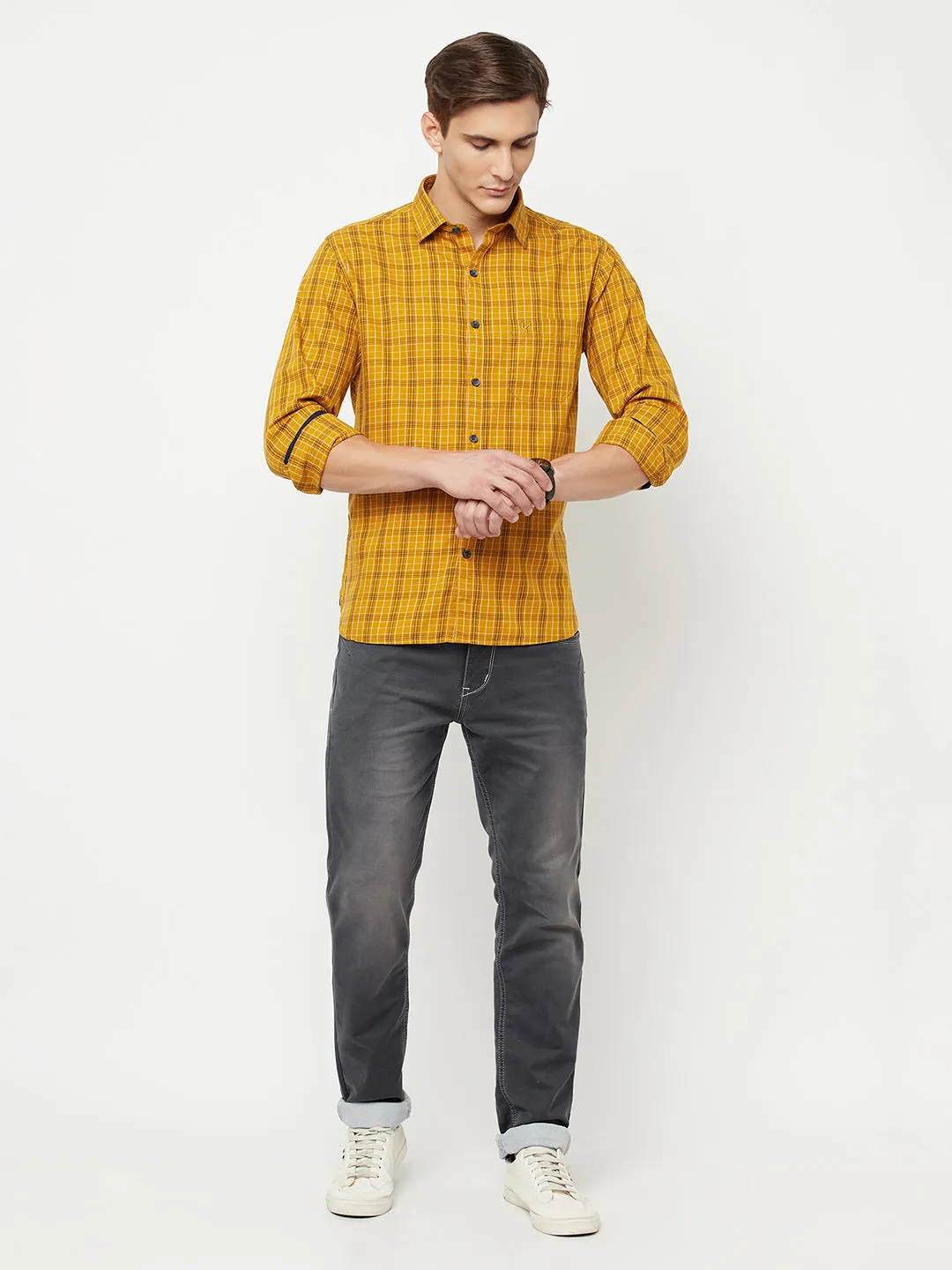 Cantabil Cotton Checkered Mustard Full Sleeve Casual Shirt for Men with Pocket