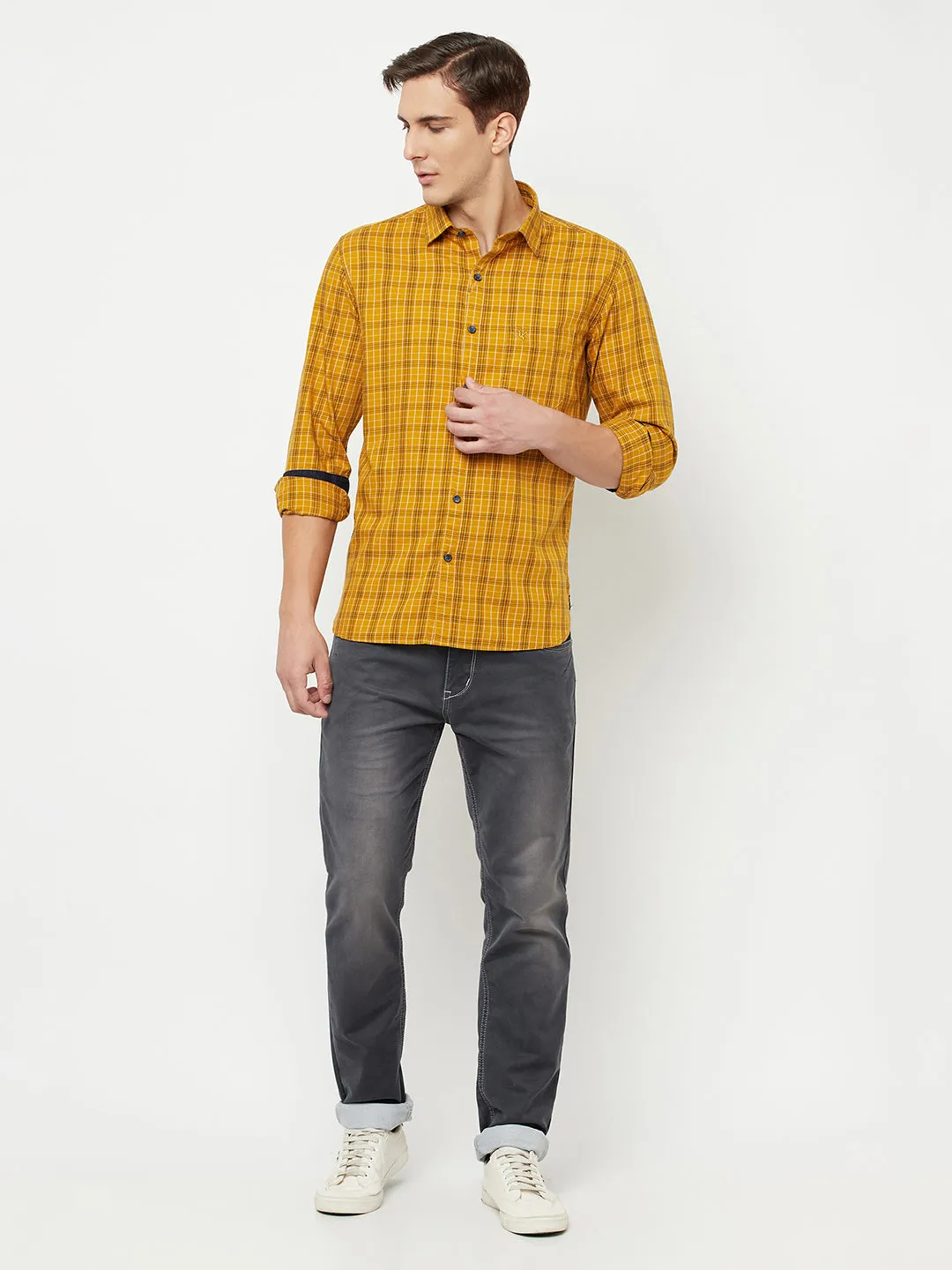 Cantabil Cotton Checkered Mustard Full Sleeve Casual Shirt for Men with Pocket