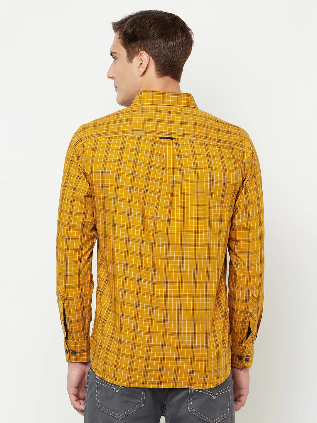 Cantabil Cotton Checkered Mustard Full Sleeve Casual Shirt for Men with Pocket