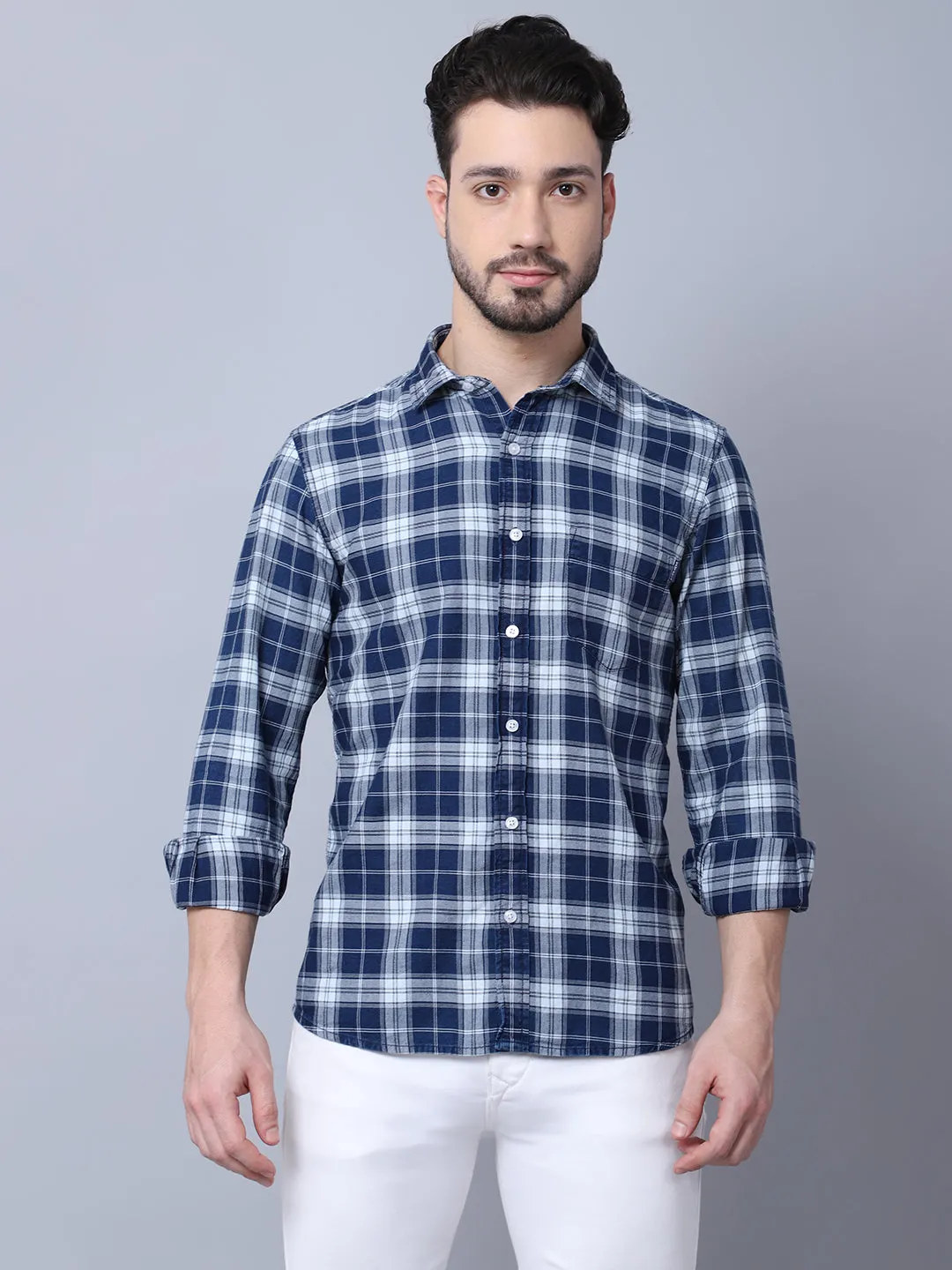 Cantabil Cotton Checkered Navy Blue Full Sleeve Casual Shirt for Men with Pocket