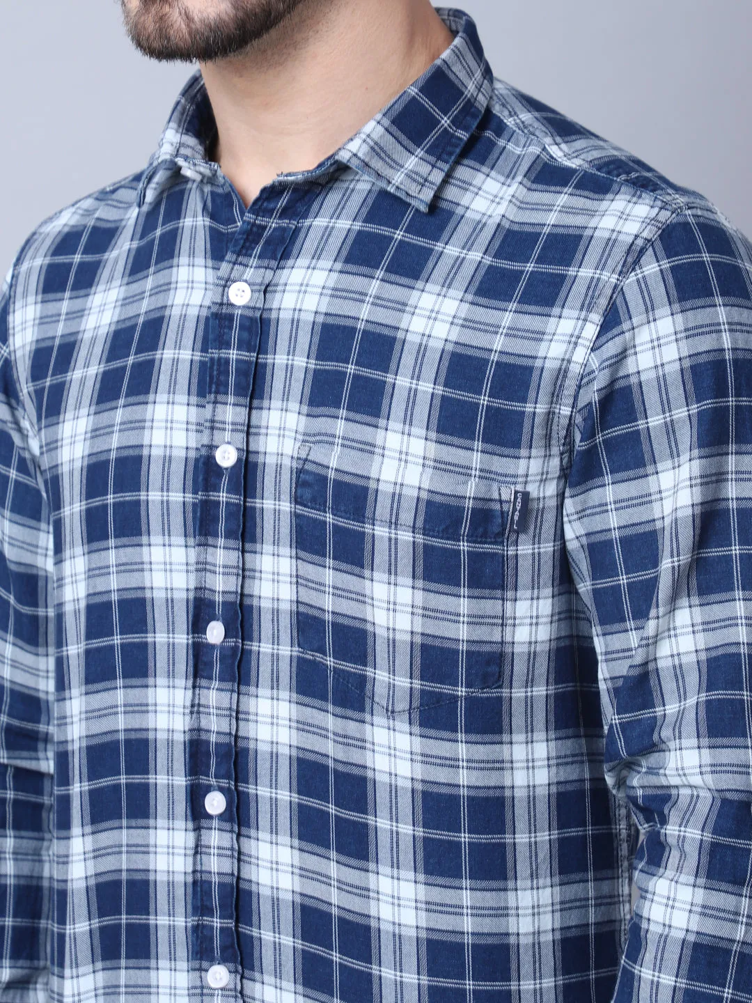 Cantabil Cotton Checkered Navy Blue Full Sleeve Casual Shirt for Men with Pocket