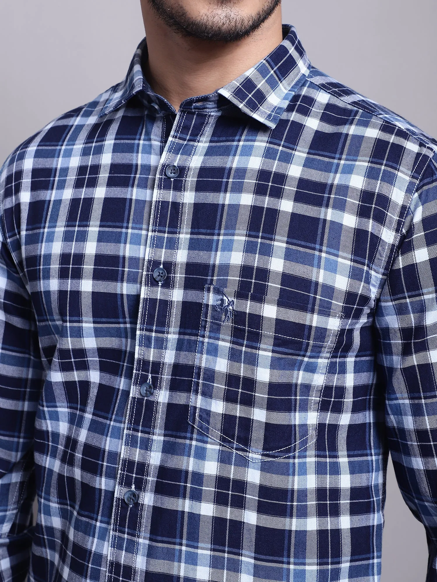 Cantabil Cotton Checkered Navy Blue Full Sleeve Casual Shirt for Men with Pocket