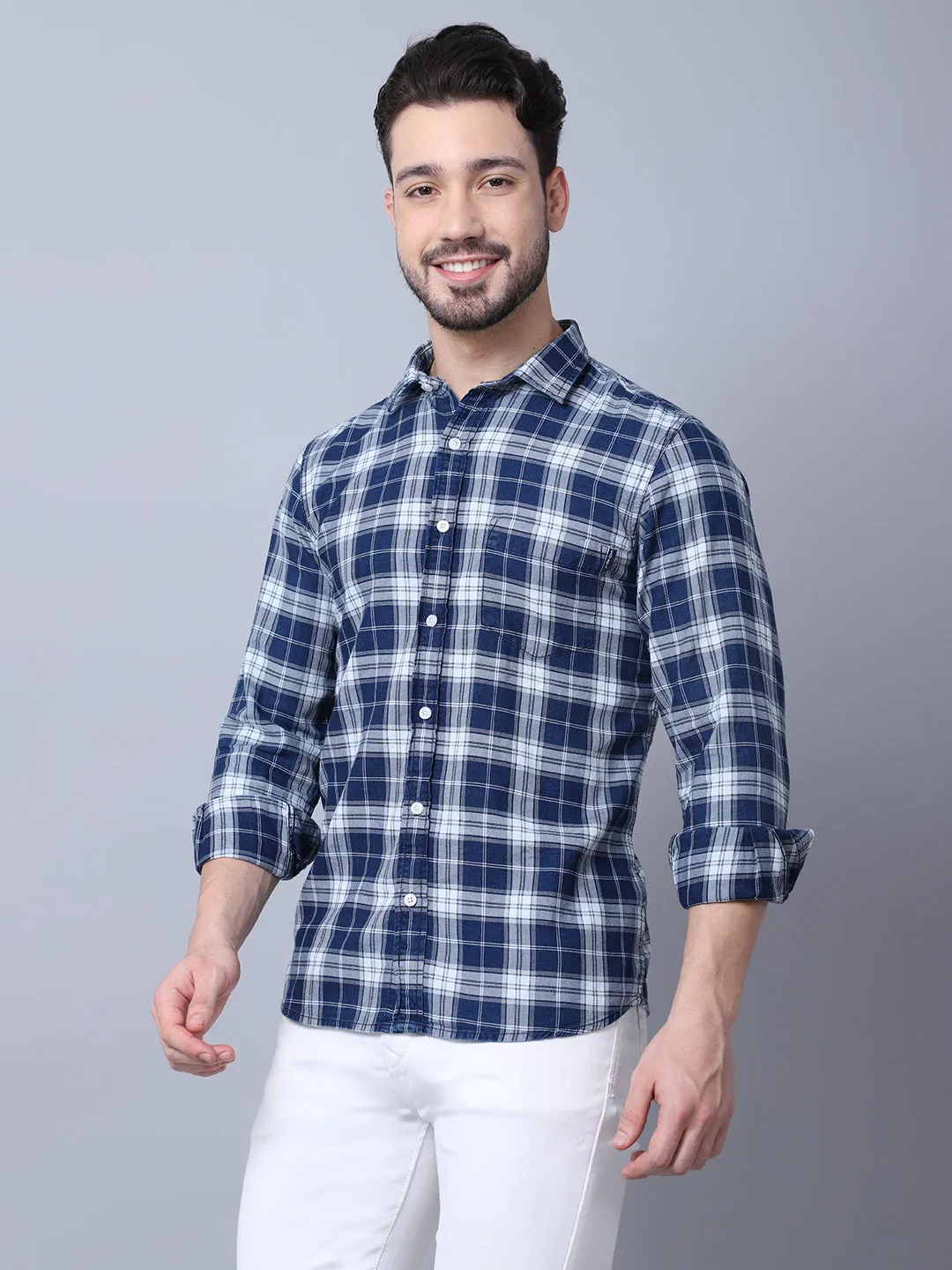 Cantabil Cotton Checkered Navy Blue Full Sleeve Casual Shirt for Men with Pocket