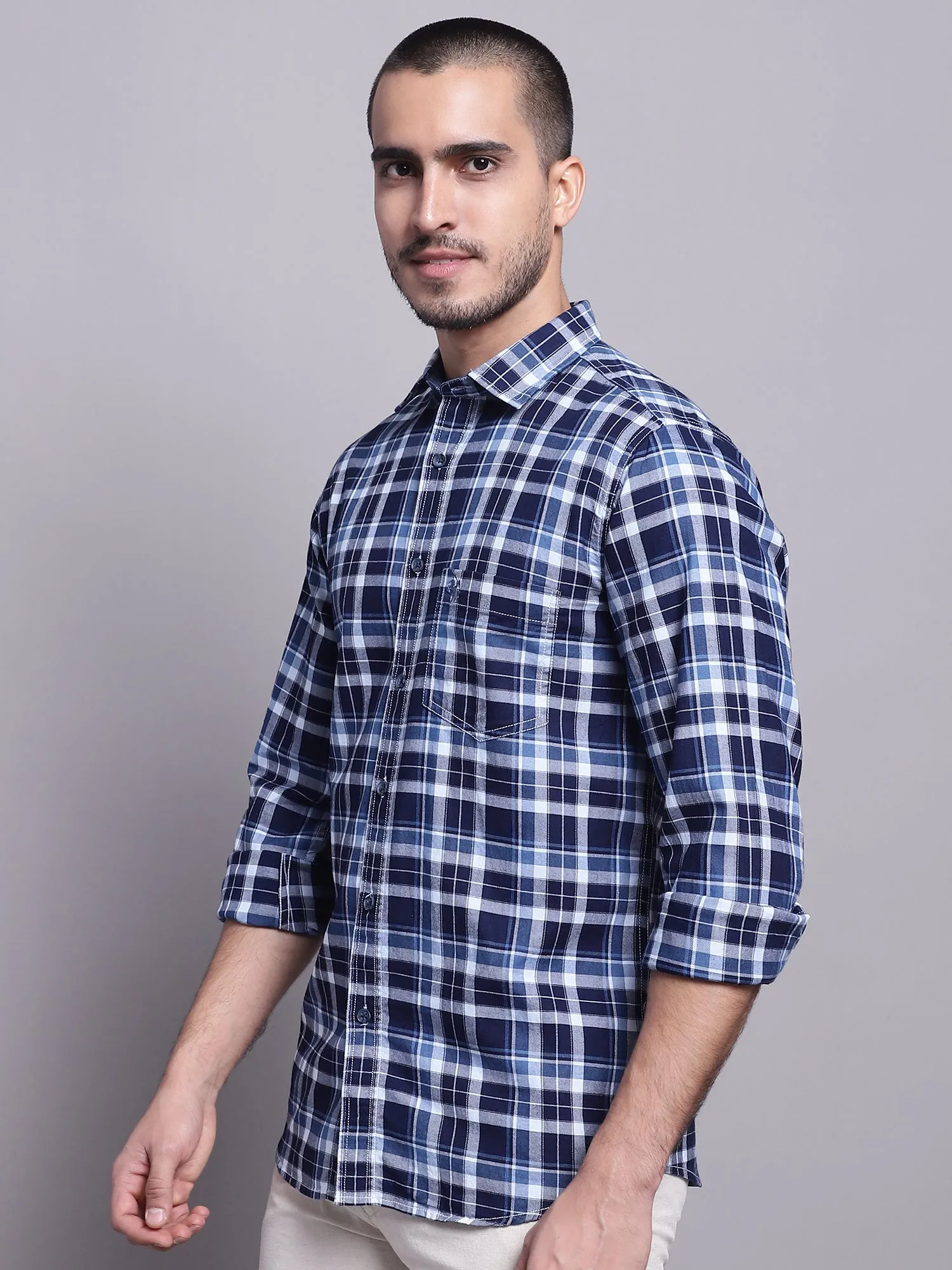 Cantabil Cotton Checkered Navy Blue Full Sleeve Casual Shirt for Men with Pocket