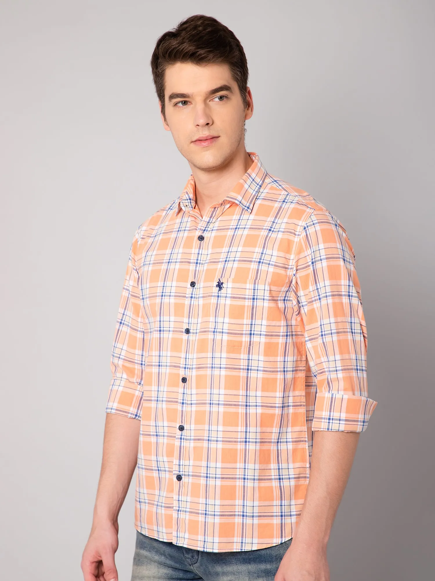 Cantabil Cotton Checkered Orange Full Sleeve Casual Shirt for Men with Pocket