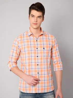 Cantabil Cotton Checkered Orange Full Sleeve Casual Shirt for Men with Pocket