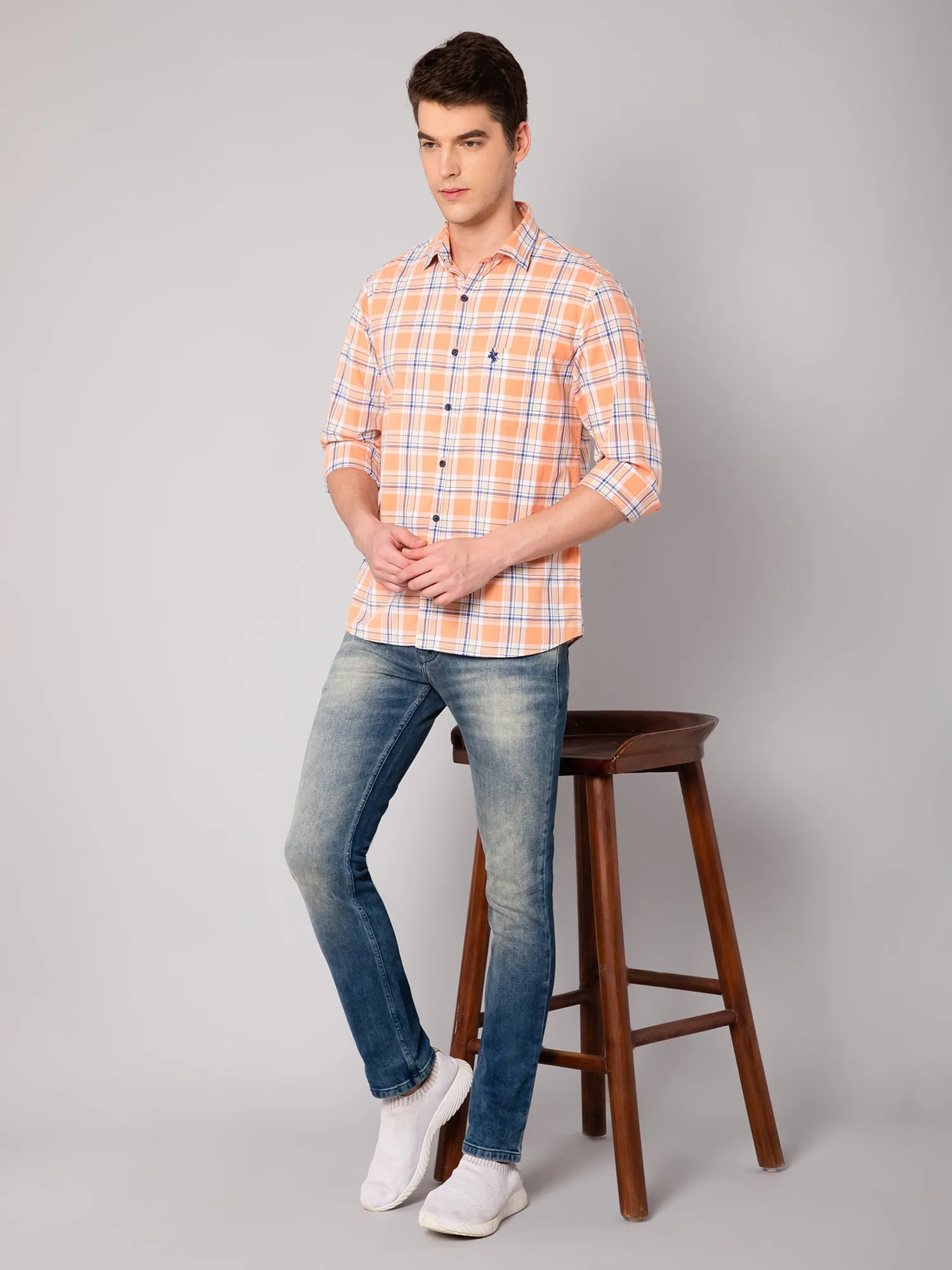 Cantabil Cotton Checkered Orange Full Sleeve Casual Shirt for Men with Pocket