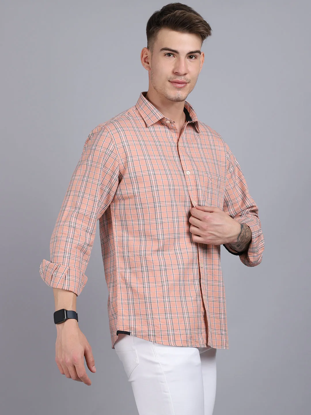 Cantabil Cotton Checkered Peach Full Sleeve Casual Shirt for Men with Pocket