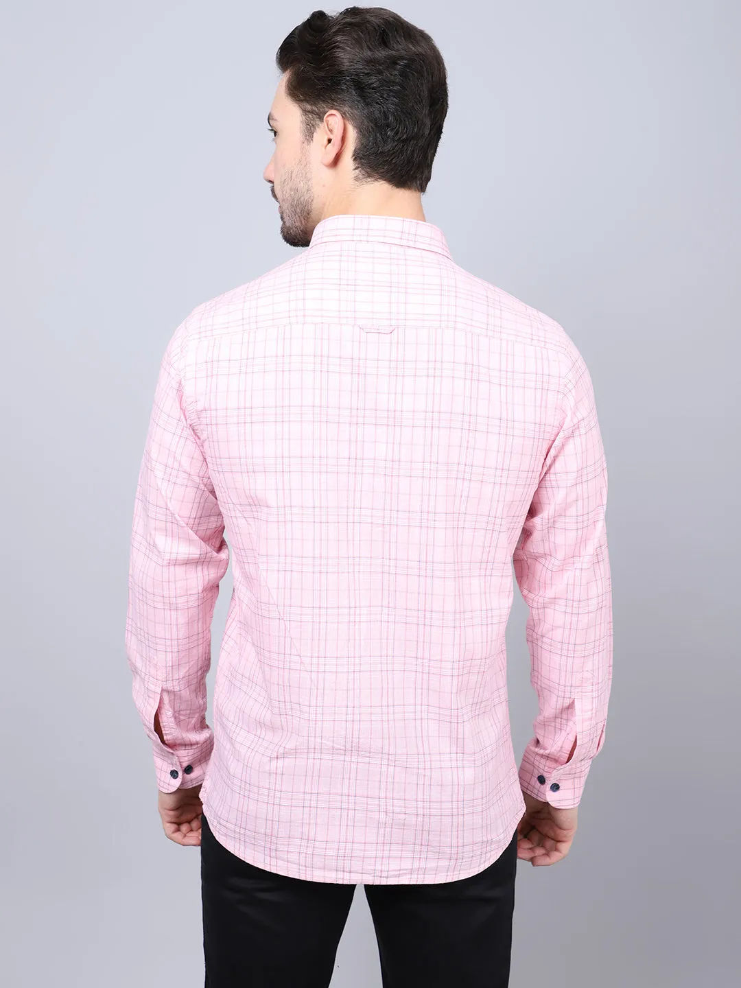 Cantabil Cotton Checkered Pink Full Sleeve Casual Shirt for Men with Pocket