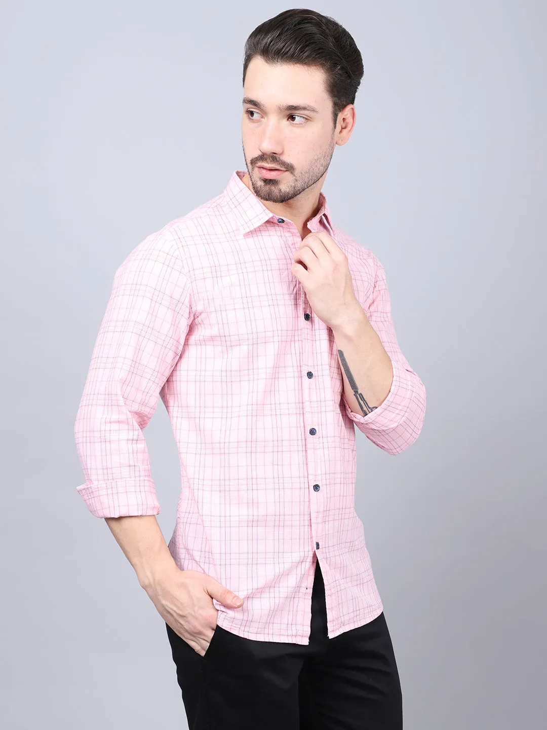 Cantabil Cotton Checkered Pink Full Sleeve Casual Shirt for Men with Pocket