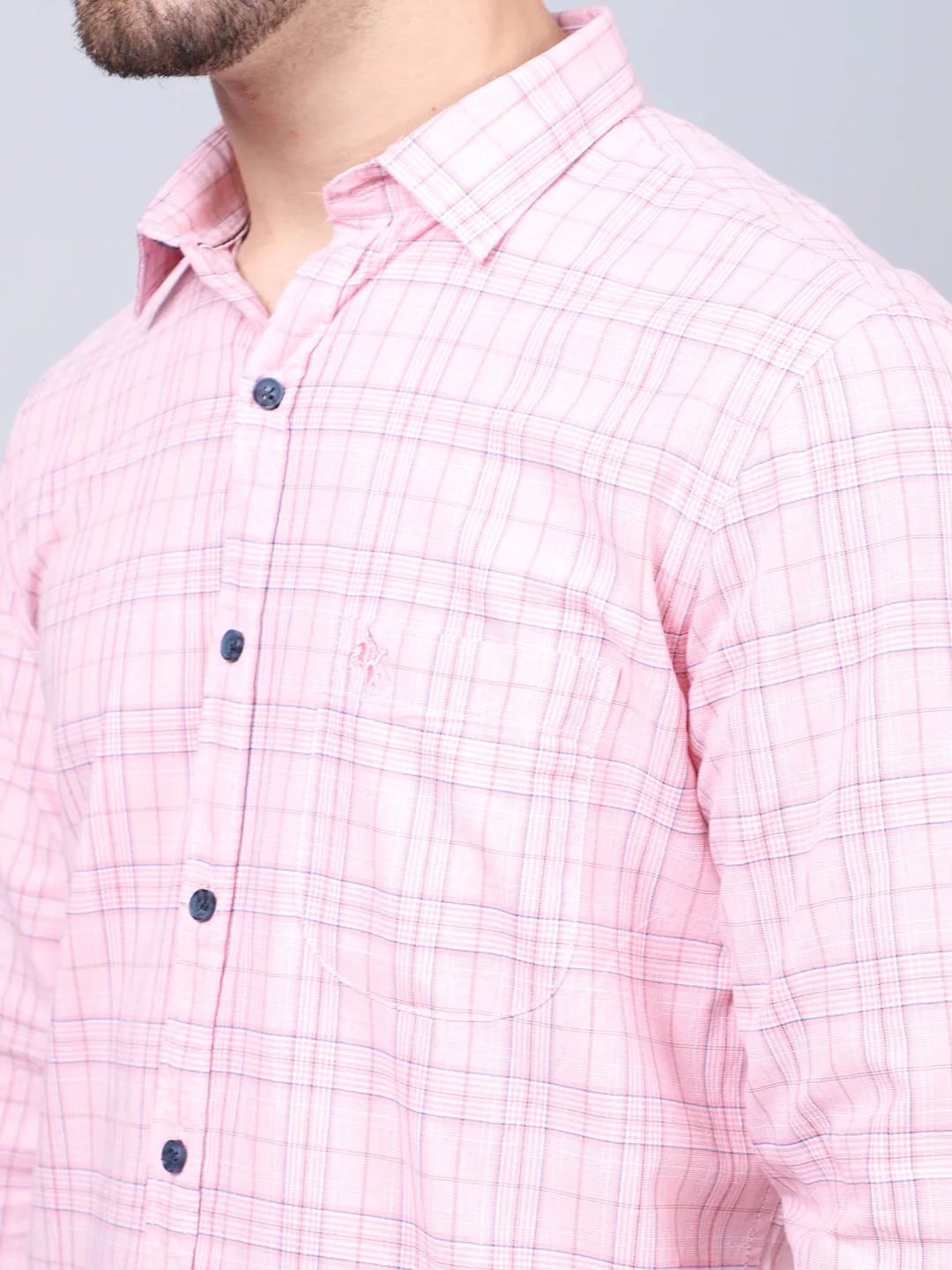 Cantabil Cotton Checkered Pink Full Sleeve Casual Shirt for Men with Pocket