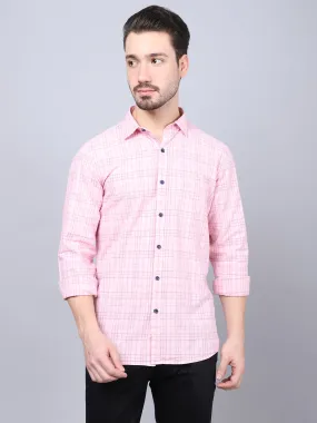 Cantabil Cotton Checkered Pink Full Sleeve Casual Shirt for Men with Pocket