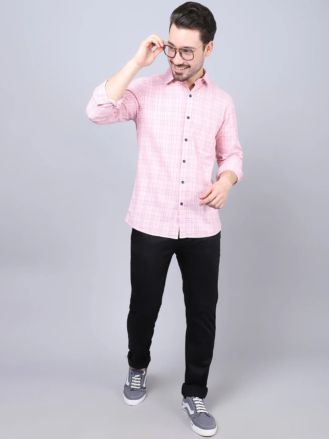 Cantabil Cotton Checkered Pink Full Sleeve Casual Shirt for Men with Pocket